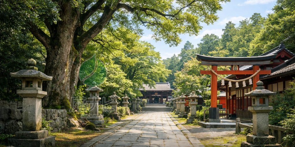 大阪府内の寺院境内にある大きな庭木と参道の様子