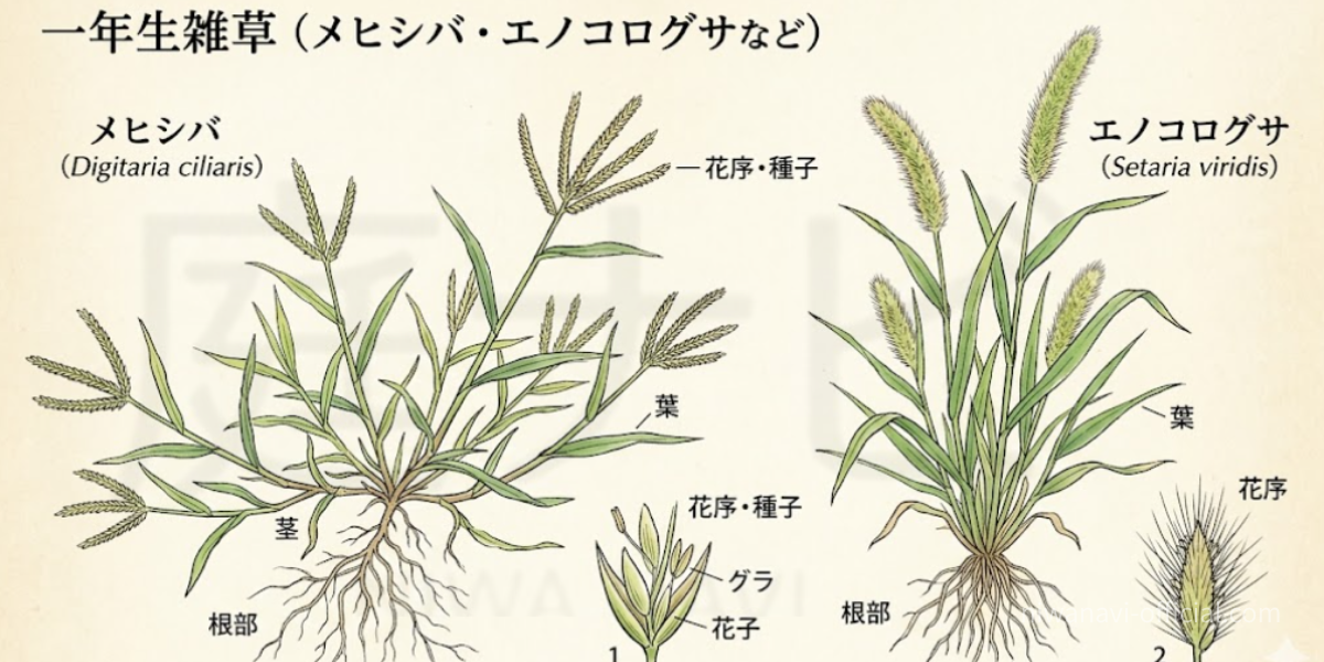 一年生雑草（メヒシバ・エノコログサなど）のイラスト