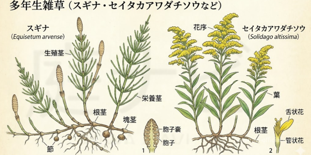 多年生雑草（スギナ・セイタカアワダチソウなど）のイラスト